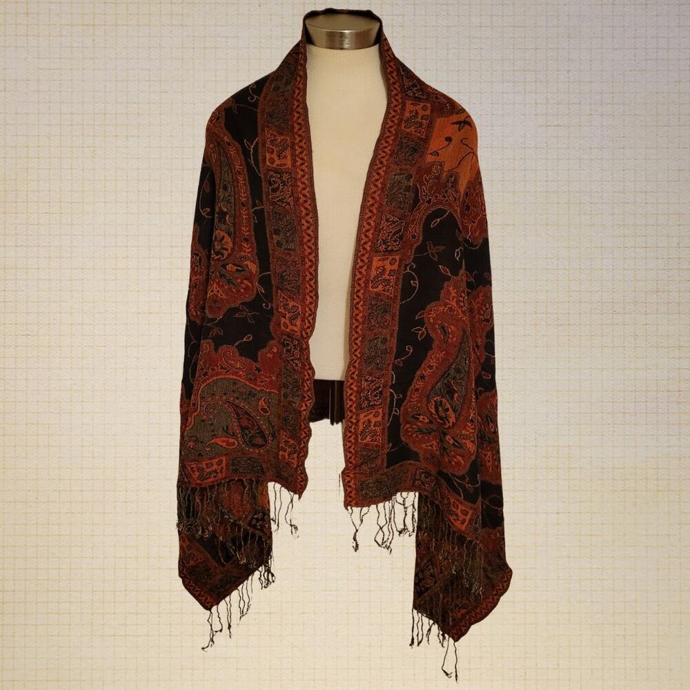Boho Paisley Pashmina Scarf Red Black Orange Tassels One Size Woven Shawl Wraps